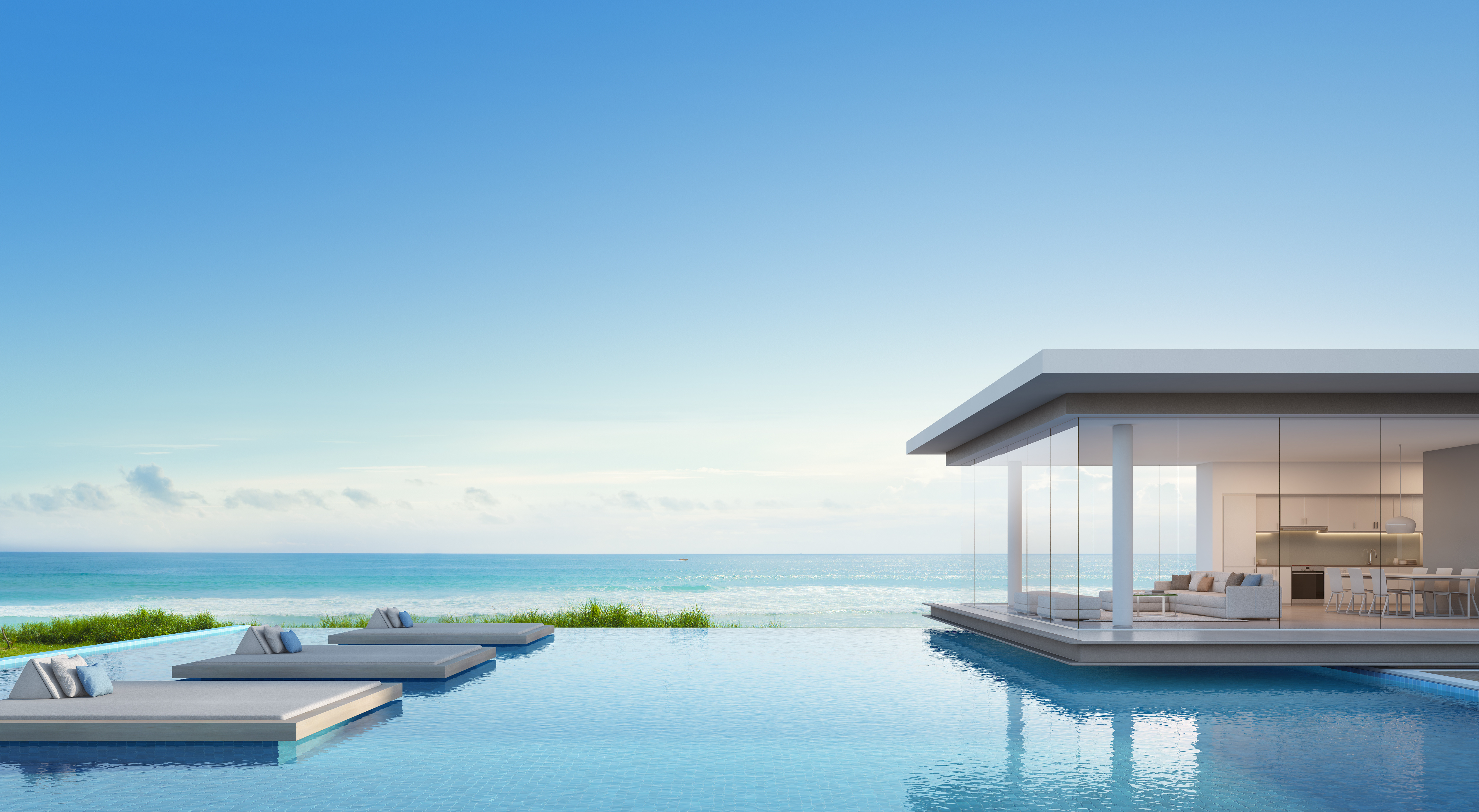 Luxury beach house with sea view swimming pool in modern design, Vacation home for big family - 3d rendering of residential building Luxury beach house with sea view swimming pool in modern design, Vacation home for big family - 3d rendering of residential building