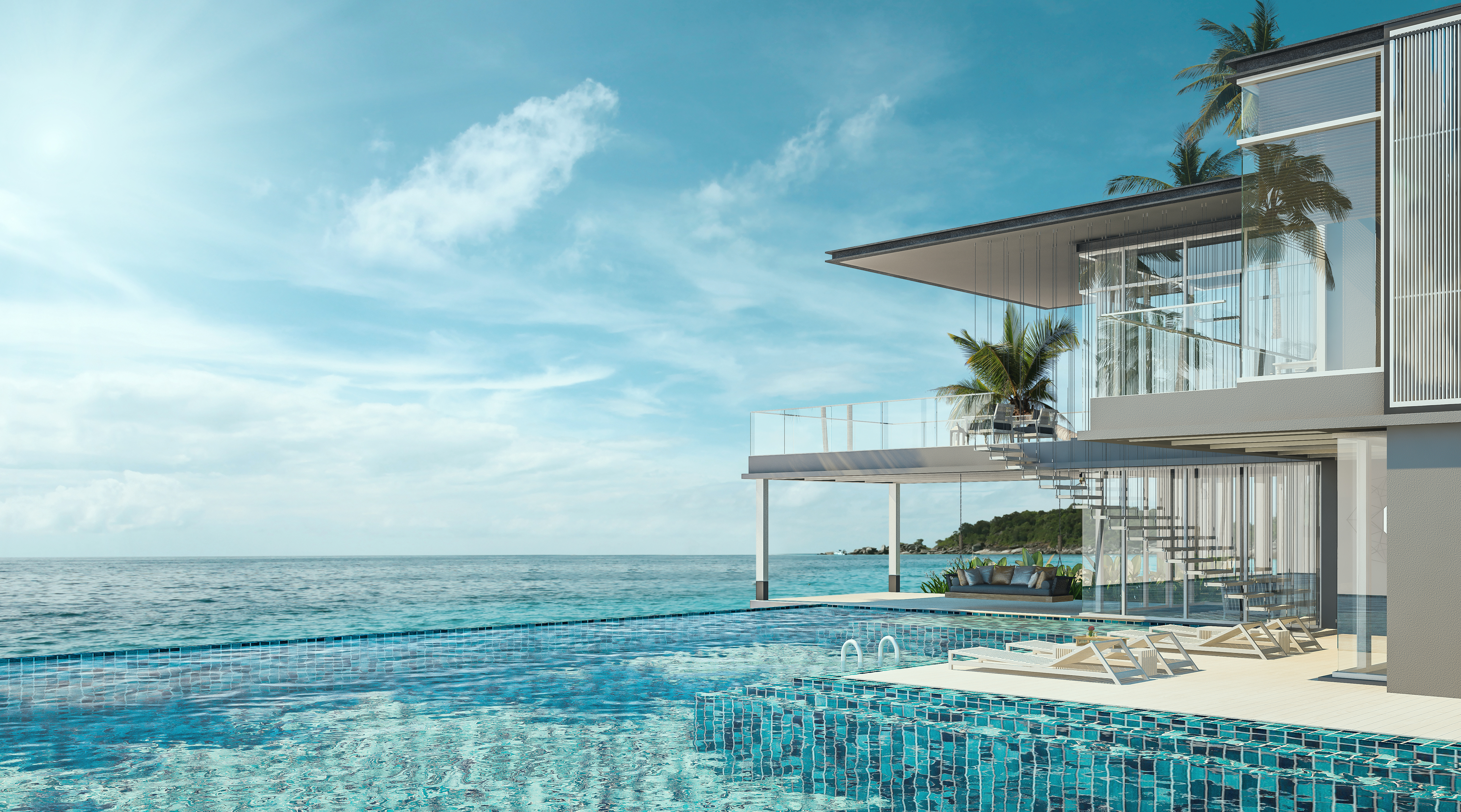 Sea view swimming pool in modern loft design,Luxury ocean Beach house Sea view swimming pool in modern loft design,Luxury ocean Beach house, 3d rendering